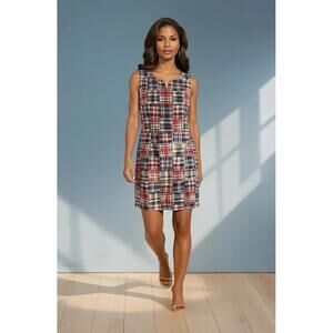 LL Bean Patchwork Madras Plaid Sleeveless A Line Shift Dress Womens 10 Regular